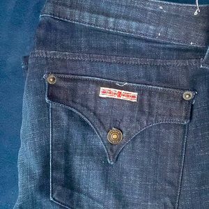 HUDSON JEANS WORN ONCE, DARK BLUE WITH DISTRESSED THIGHS.